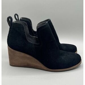 Toms Suede Black Ankle Boots with Tan Wedge